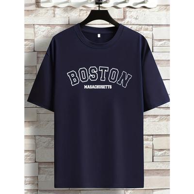 Cotton Men's Summer Loose Size 100% Cotton Trendy Boston Graphic Print Casual Fit Round Neck Short Sleeve T-shirt Top