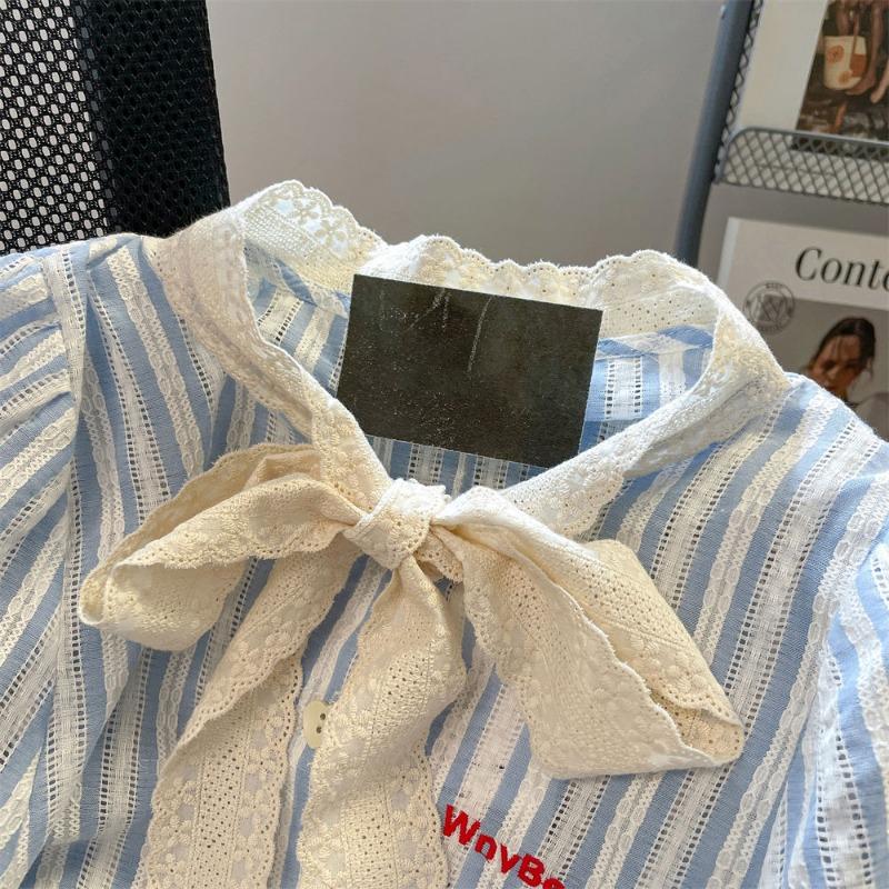 Französische Spitze Schleife Damen Gestreiftes Hemd Koreanisch Minimalistisch Puffärmel Dame Kurzarm Sommer Kontrastierendes Mode Oberteil