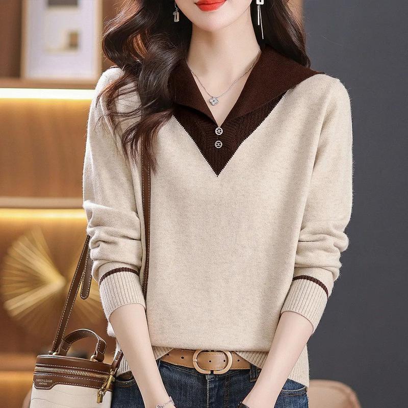 Women Autumn Winter Turn-Down Collar Pullover Color Block Button Long Sleeve Sweater Knitted Tops Female Bottoming Shirt