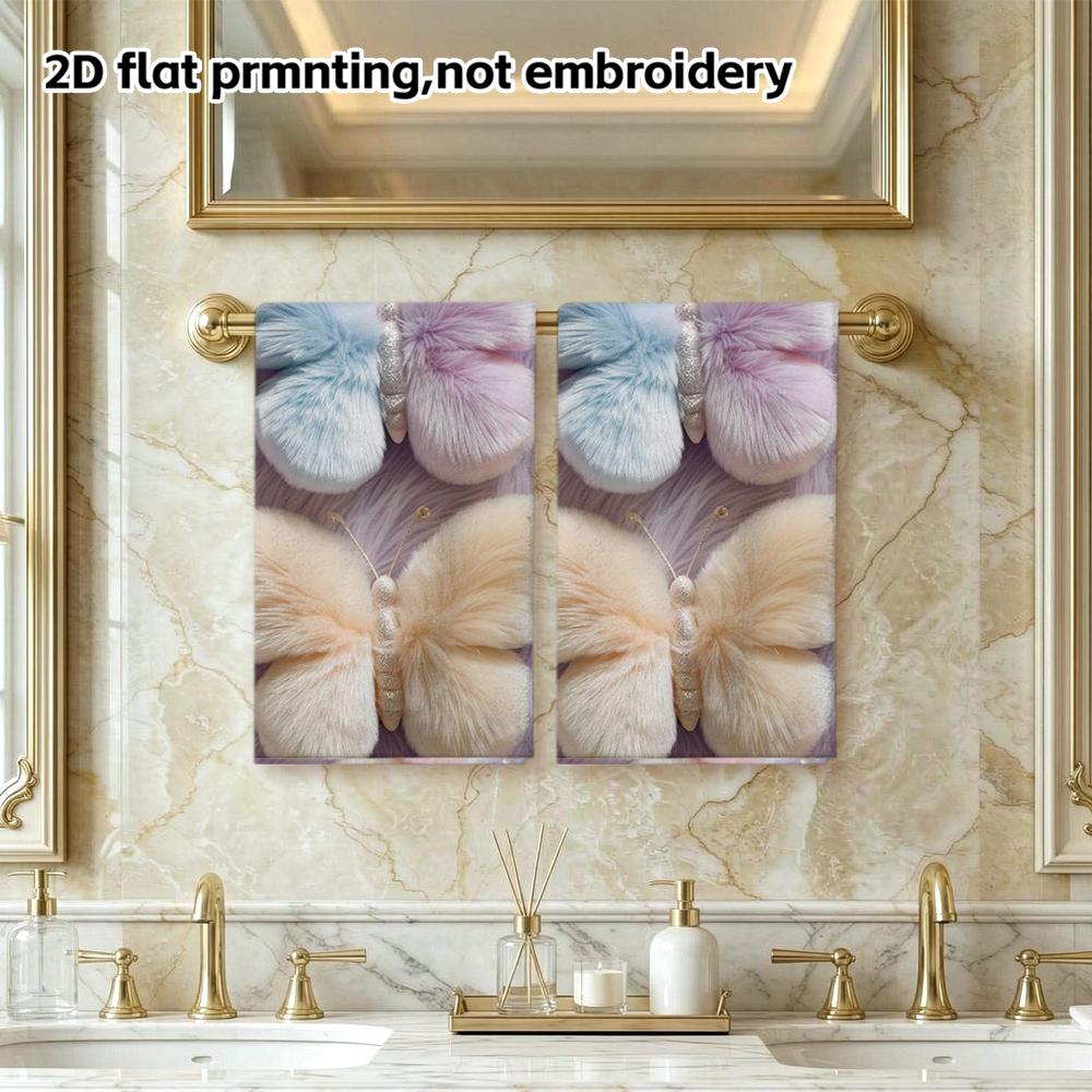 Fluffy Absorbent Shower Towel, Pastel Furry Butterfly Pattern, Sweet Decorative Face Towel