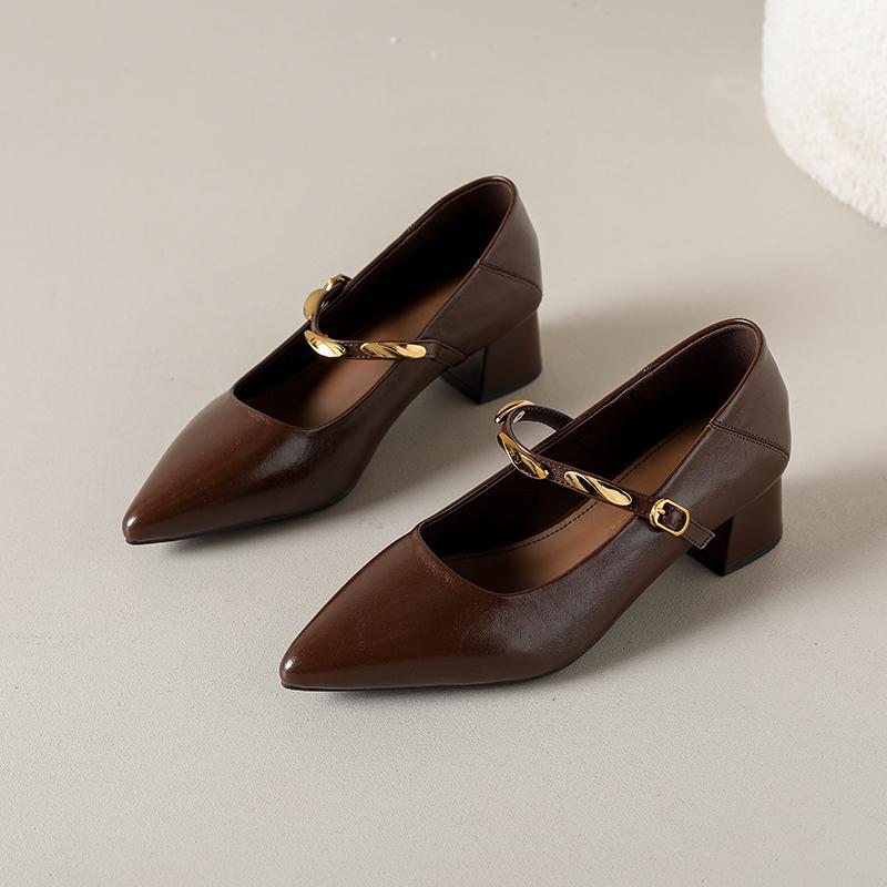 Aphixta High Quality 4cm Mid- Heel Pumps Pointed Toe Metal Buckle Women's Mary Janes High Heels Elegant Office Ladies Shoes