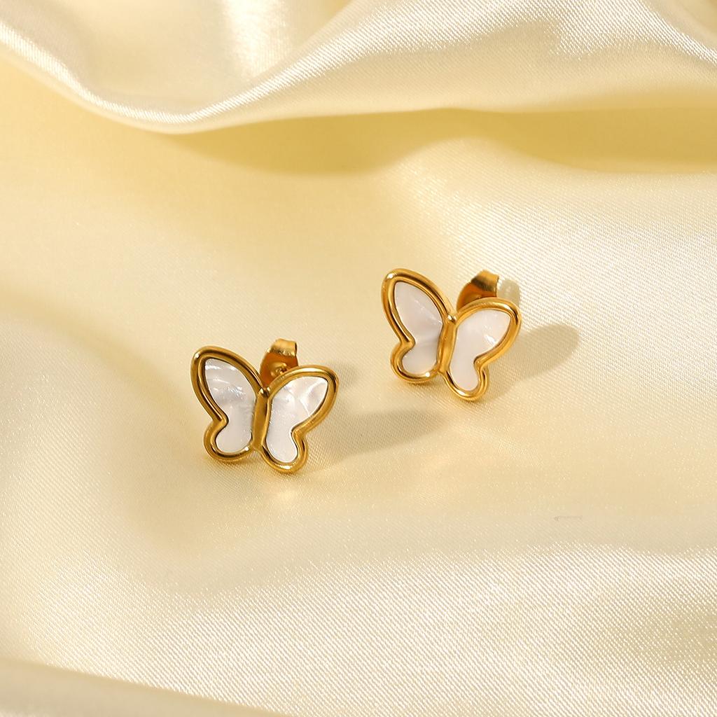 French Elegant INS Style Fashion 18K Gold Natural White Shell Butterfly Shape Stainless Steel Stud Earrings, Titanium Steel Earrings
