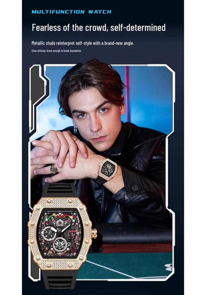 Oufannishi Barrel-Shaped Quartz Waterproof Skeleton Men's Watch with Calendar and Luminous Features