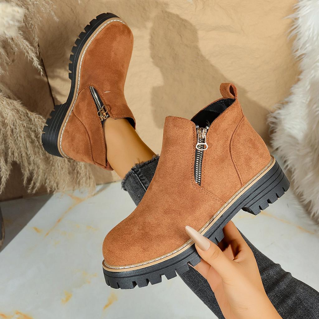 Damen Stiefeletten mit runder Zehenpartie, Martin Boots mit Blockabsatz und seitlichem Reißverschluss, Herbst Winter Kurzstiefel für Damen