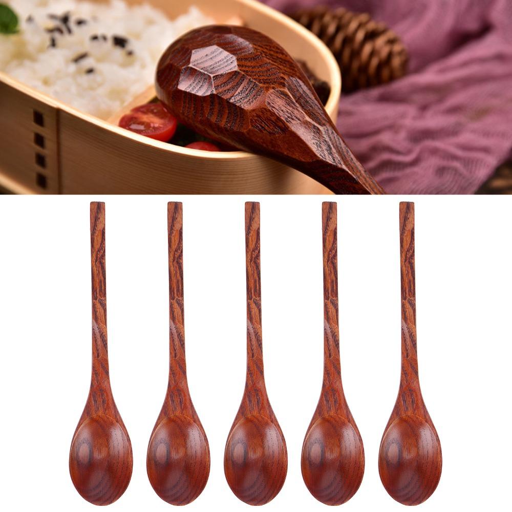 5Pcs Solid Wood Wooden Spoons Polished Surface Long Handle Spoons Tableware Set  For Soup Cooking