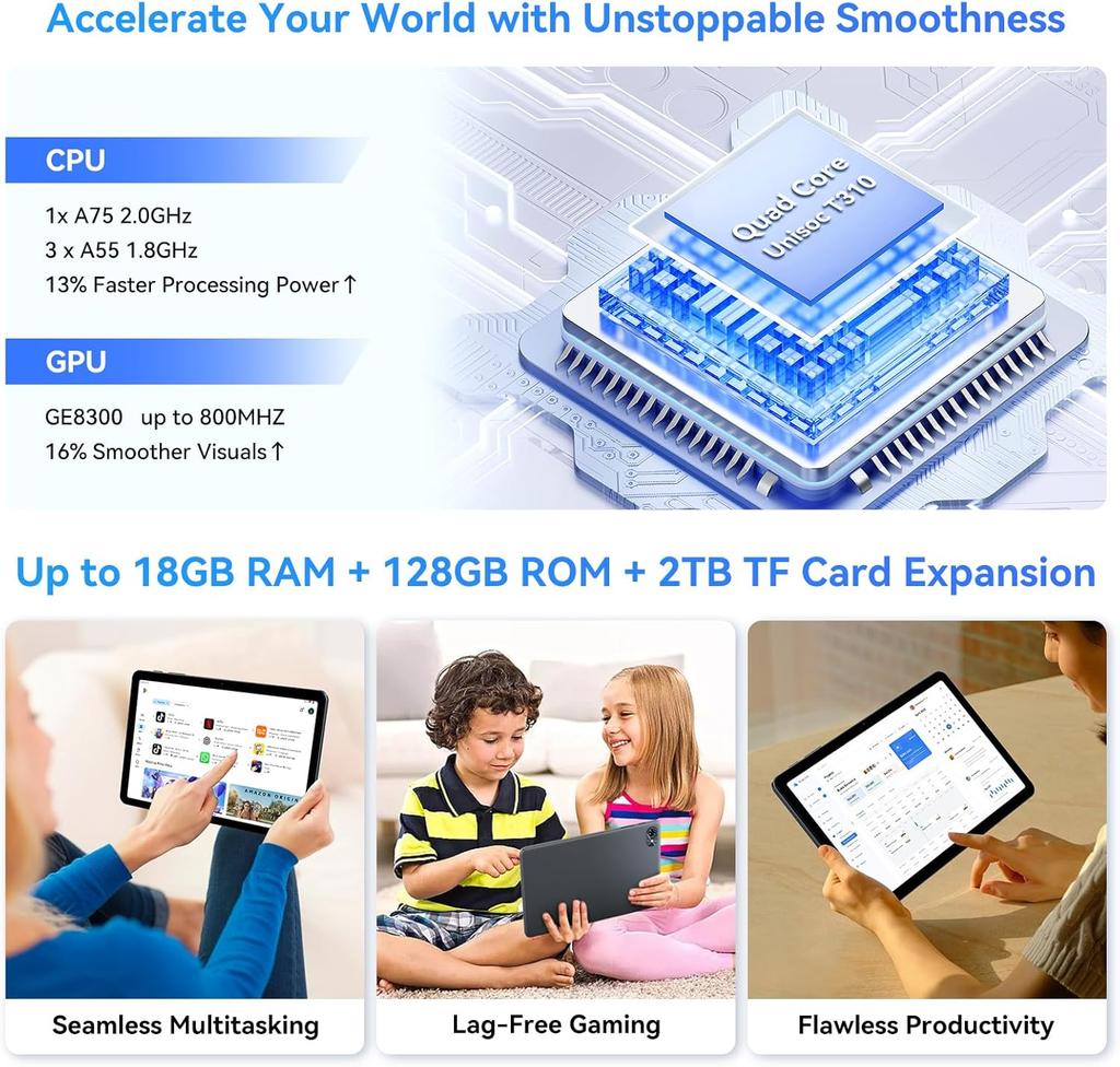 TABWEE T80 Set Android 15 6GB RAM 128GB ROM Tablet 10.1 Palců 1280x 800 FHD Displej Osmijádrový UMS312(T310) PC Tablet