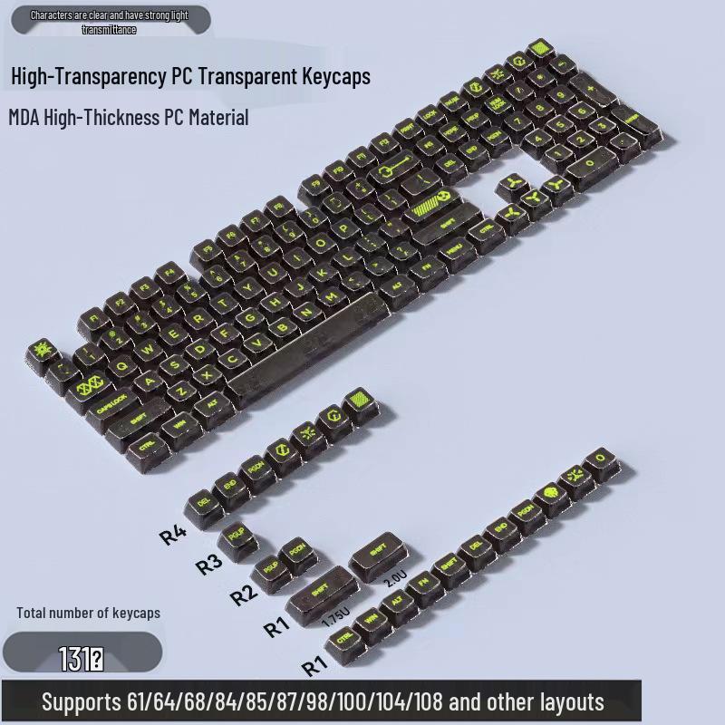 Transparent PC Keycaps Set: High-Transmittance Light-Transmitting Mechanical Keyboard Keycaps in White and Black with Crystal Finish