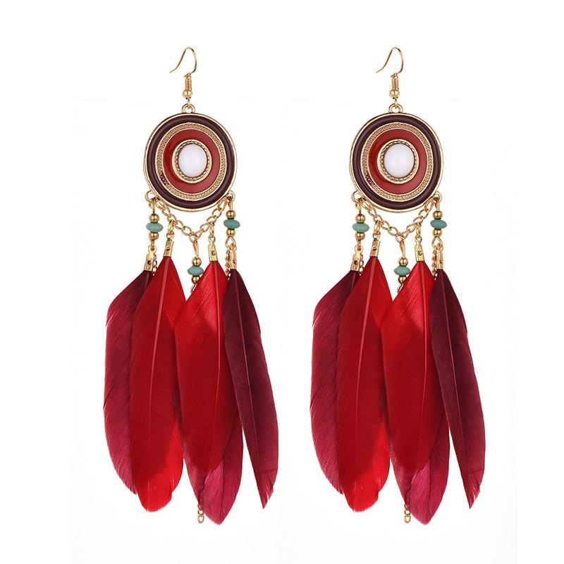 

Boho Long Feather Chain Tassel Dangle Earrings For Women Beach Beaded Handmade Colorful Enamel Wedding Zircon Pendientes Mujer красный