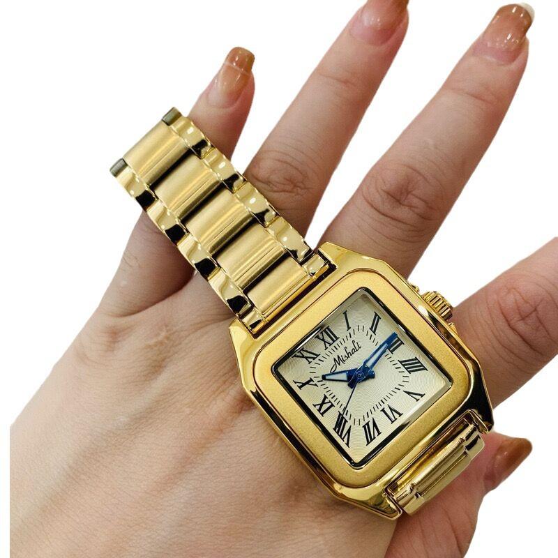 Orologio da Donna Oro Acciaio Massiccio Cinturino Quadrato Romano Impermeabile Orologio al Quarzo di Fascia Alta