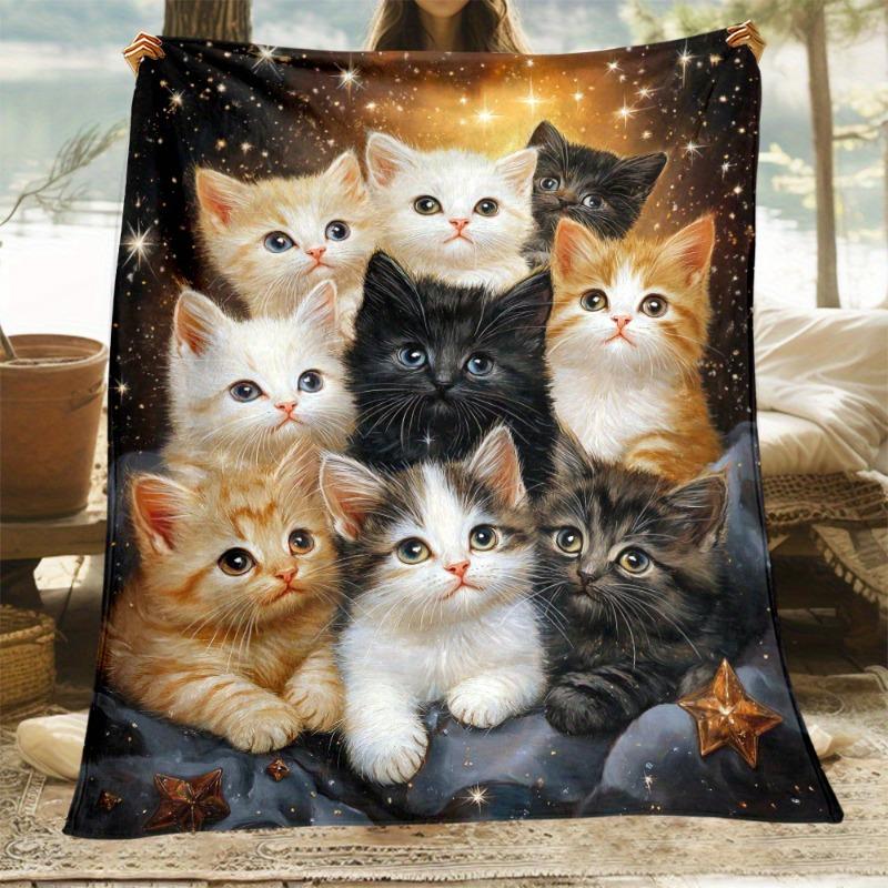 1Pc Whisker Wonders Cat Flannel Throw Blanket All-Season Lightweight Warm For Sofa Bed Travel Camping Living Room Digital Print