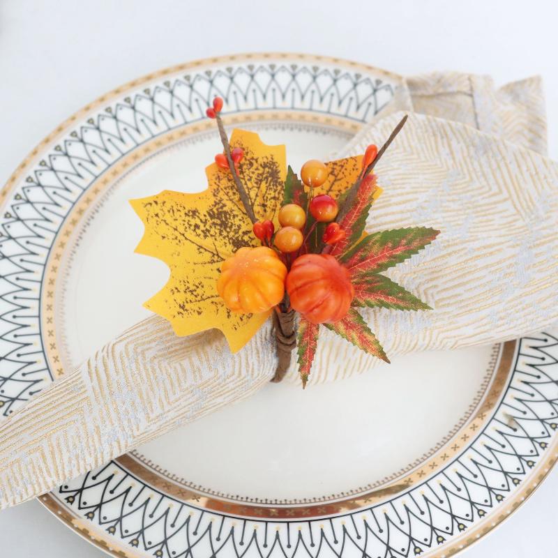 Double Pumpkin And Maple Leaf Napkin Rings Set Fall Thanksgiving Table Decor With Artificial Wreath For Halloween Dinner Party