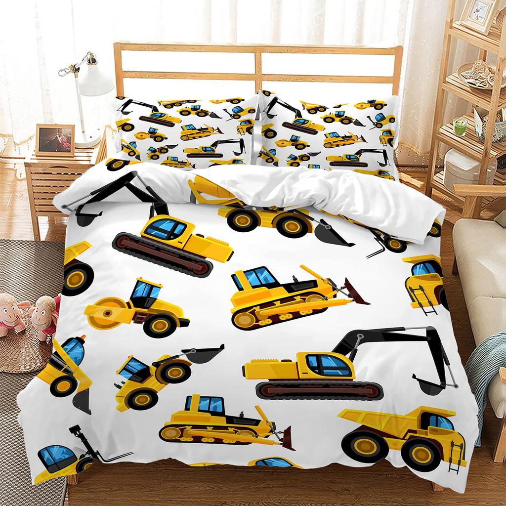 Excavator Duvet Cover Set Twin Queen Size Cartoon Truck Bedding Set Kids Teens Room Decor Construction Vehicle Comforter Cover