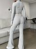 Fashion Solid Stitch Two-Piece Set with Zipper Long Sleeve Crop Top and High Waist Wide Leg Pants Women Casual Outfit