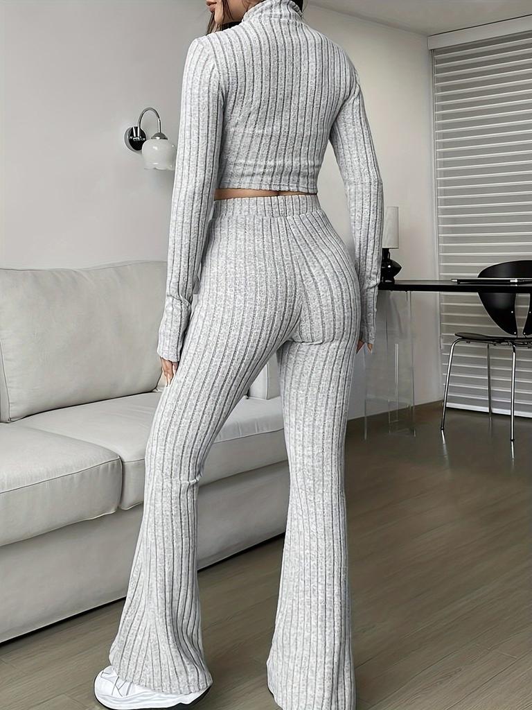 Fashion Solid Stitch Two-Piece Set with Zipper Long Sleeve Crop Top and High Waist Wide Leg Pants Women Casual Outfit