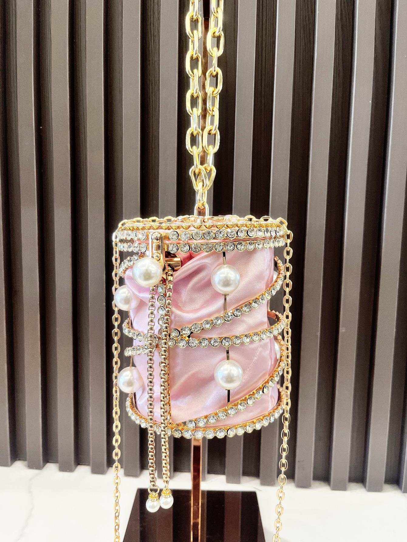 

Luxury Design Banquet Bag Women Pearl Rhinestone Shiny Chain Cylindrical Shape Handbag Ladies Fashion Elegant Metal Bucket Bags 13x14x13cm