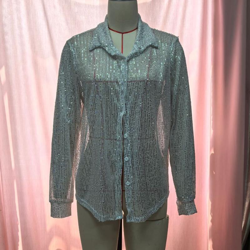 Spring Solid Long Sleeve Sequin Casual Shirts Women Fashion Street Turn Down Collar Loose Women's Blouses Summer Tops Elegant Button Up Shirt 26491