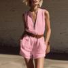 Women's Sleeveless V-Neck Zip Pocket Jumpsuit - Color Casual Loose Romper for Summer, Beach, Travel