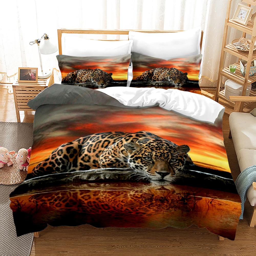 Leopard Duvet Cover Set King Size 3D Animal Print Bedding Set Wildlife Polyester Comforter Cover Set Red Rose For Kids Boys Girl