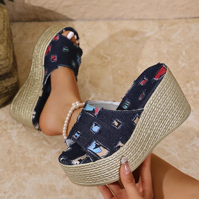 Fashion One Strap Denim Wedge Sandals Women Plus Size Fashion Slip On Platform Heels Sandals Woman Summer Thick Bottom Beach Slippers