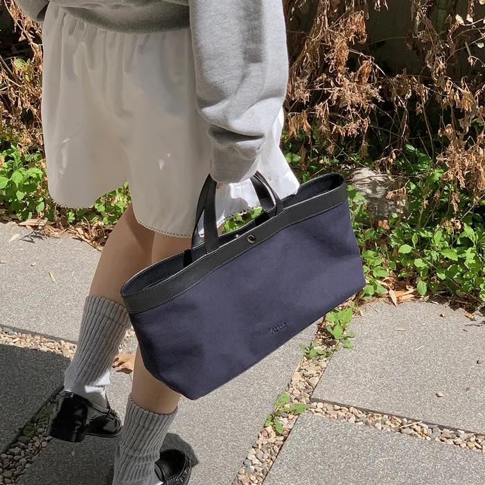 (2nd Stock) Daily Leather Canvas Tote Bag _ NAVY