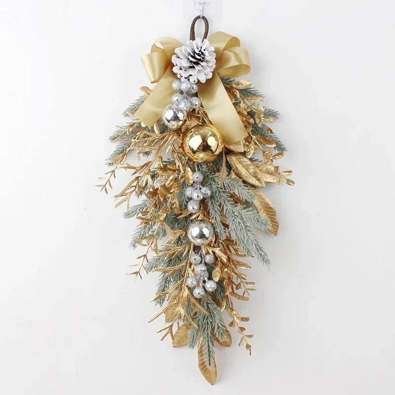 Nuovo Ramo di Corona di Natale Artificiale Rattan Ghirlanda Dorata da Appendere alla Porta d'Ingresso Muro Interno Esterno Ornamento di Natale Decorazione