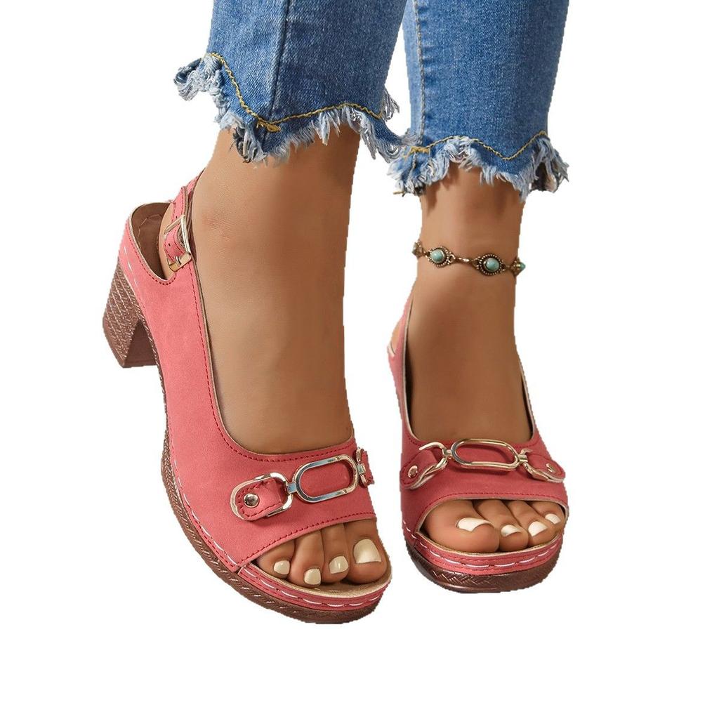 Summer new European and American casual beach sandals women's large size flowers thick Roman high heels