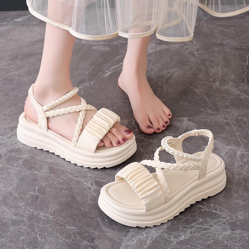 Large size sandals for women's new summer platform with fairy style pearls with skirts, beach shoes for women