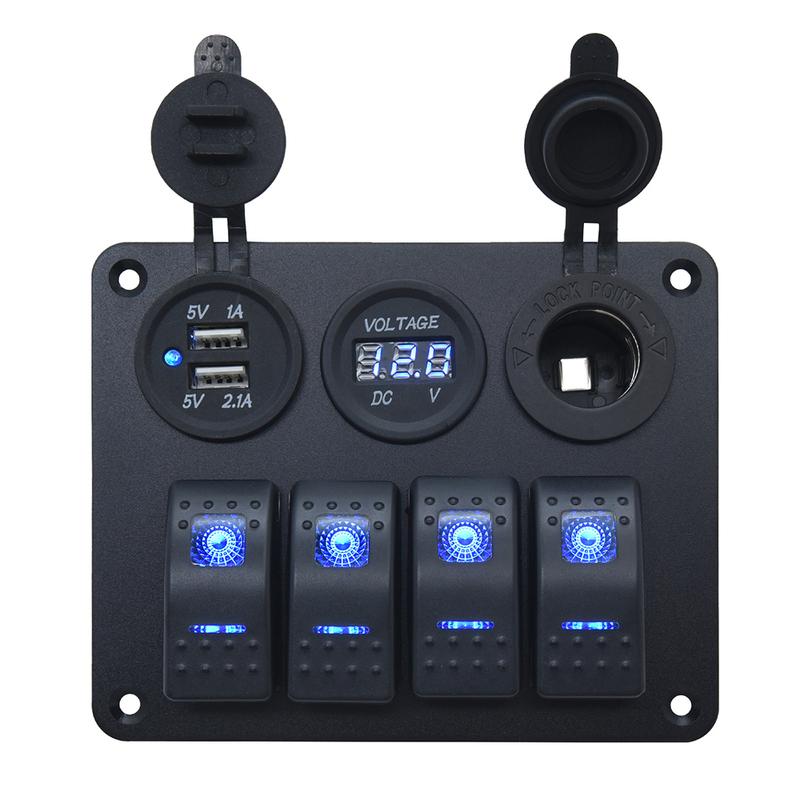 LED Switch Panel 4 Gang Boat Rocker Switch Marine Waterproof Aluminum With 3.1A Daul USB Socket + 12V Voltmeter