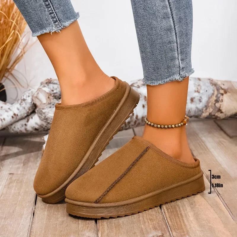 Fashion Women's Large Size Cotton Slippers Round Toe Winter Boots Fleece Lined Slip On Booties Comfortable Casual Footwear