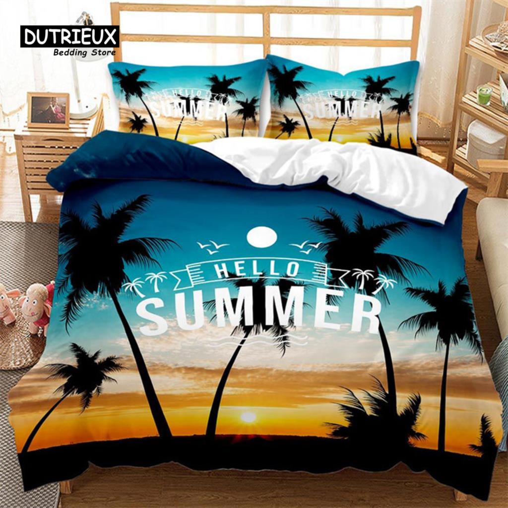 Hawaiian Summer Beach Duvet Cover Exotic Tropical Seascape Bedding Set Microfiber Palm Trees Comforter Cover For Kids Adult Room