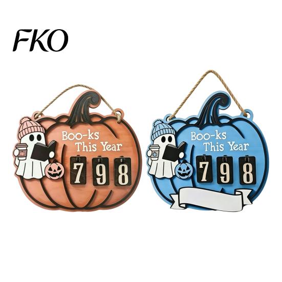 Pumpkin Ghost Design Halloween Reading Tracker Wooden Hanging Sign, Sliding Number Counter for Book Read This Year, Fun Gift Spooky Decor