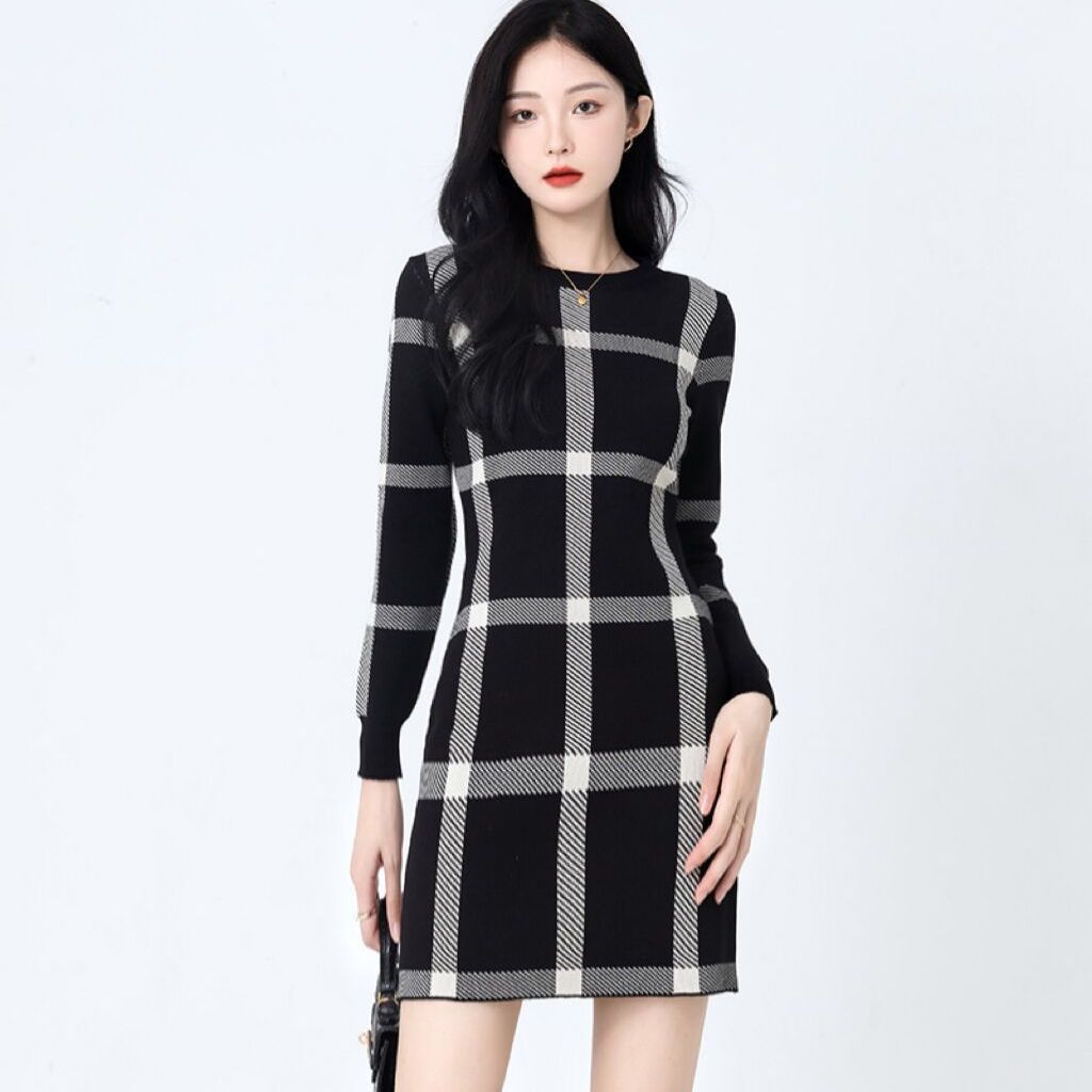 Women's Fashion Autumn Winter Plaid Print Long Sleeve O-Neck Slim Casual Dresses