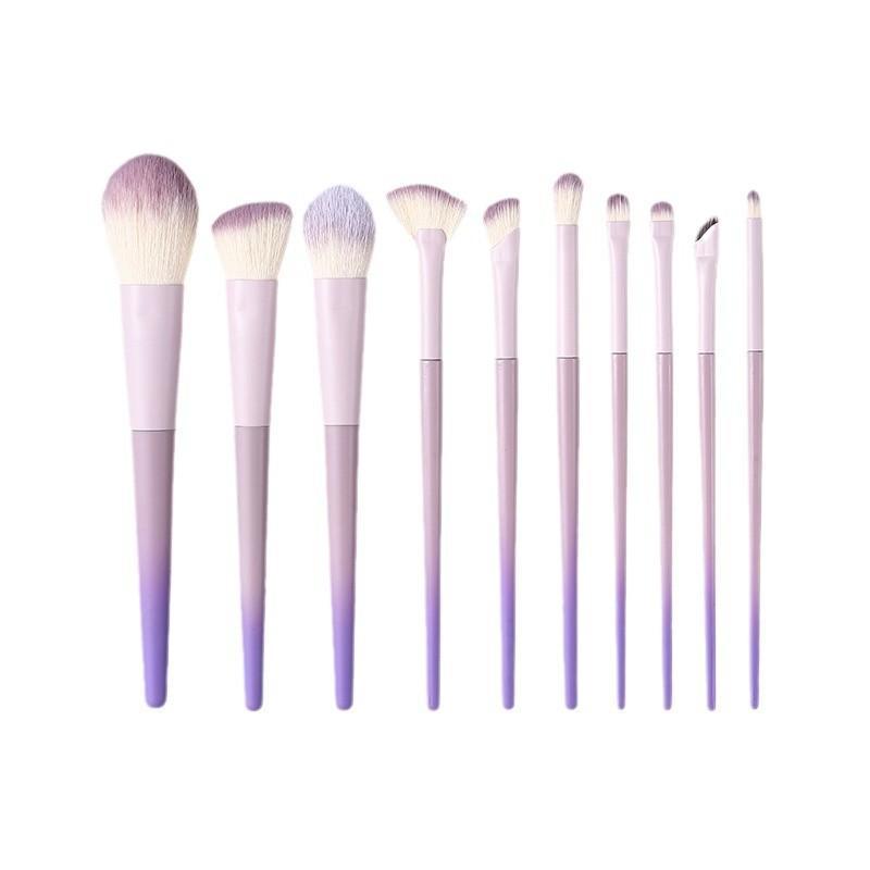 Professional 10PCS Makeup Brush Set Pink-Purple Gradient Handle Soft Synthetic Bristles for Full Face Cosmetic Application