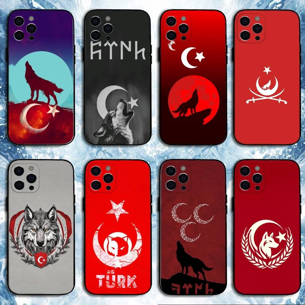 Turk Wolf Turkey Flag Phone Case For iPhone17,16,15,14,13,12,11 Plus,Pro Max, Soft Silicone Black Cover