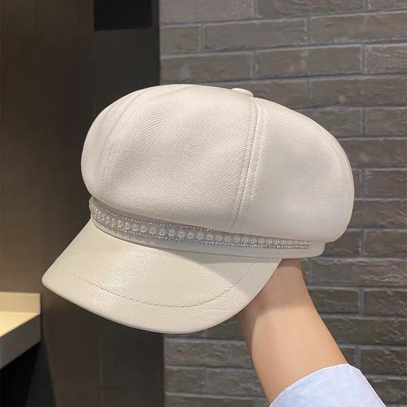 Women's British Retro Korean Version Beret Hat with Chain Dia Octagon Sun Block Painter Cap for Women