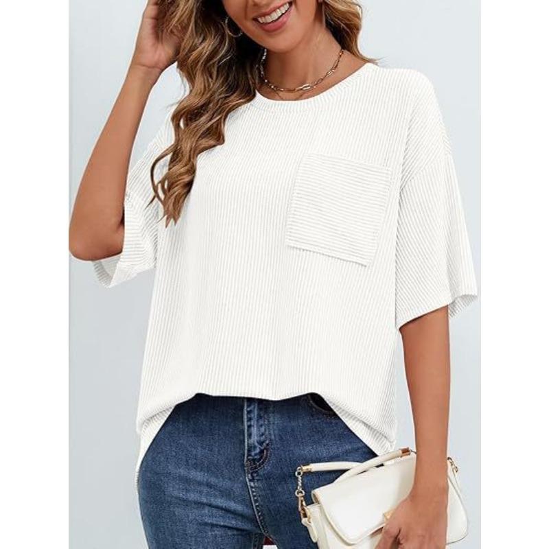 Women's Summer Short Sleeve Patch Pocket Top Oversized Round Neck Textured Casual Basic T-Shirt