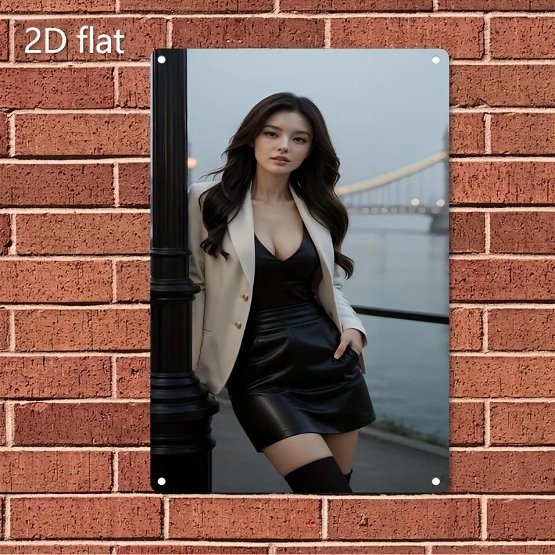 Wall Art Metal Sign - Korean Beauty Icon with City Night Scene, Durable Iron for Home Decor Cafe Bar