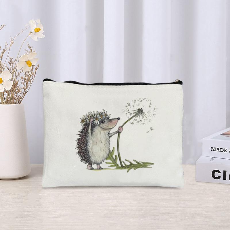 Cartoon Hedgehog Print Zipper Canvas Bag Organizer Skin Care Products Sundries Storage Cosmetic Bags Cute Stationery Pencil Case