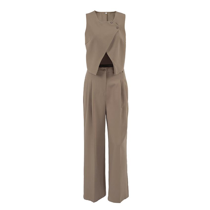 European and American commuter fashion khaki vest trousers two-piece set women's 1116 spring new design suit