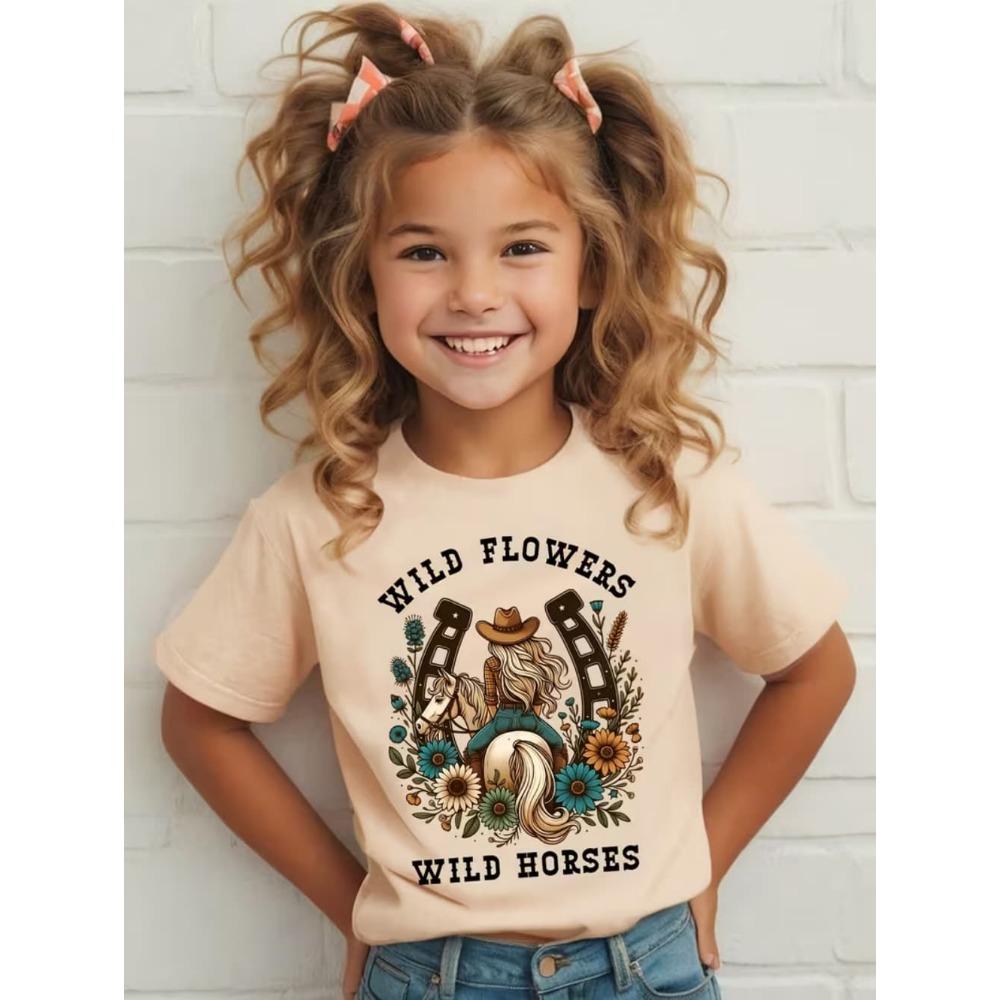 Girl Clothes Cow Girl Riding Horse 3D Print T-Shirt Western Festival Casual Top Summer Short Sleeve Outdoor Children's Clothing
