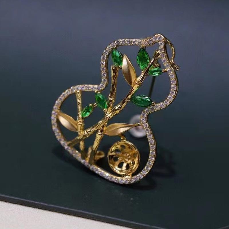 Chinese Style Gold-Plated Gourd and Bamboo Brooch with Zircon and Pearls