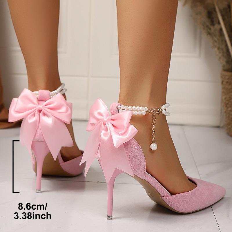 Fashion New Temperament Bow Wrapped Stiletto Sandals Women's Fashion Pearl Strappy Pointed Toe Shallow Suede Non-slip High Heels