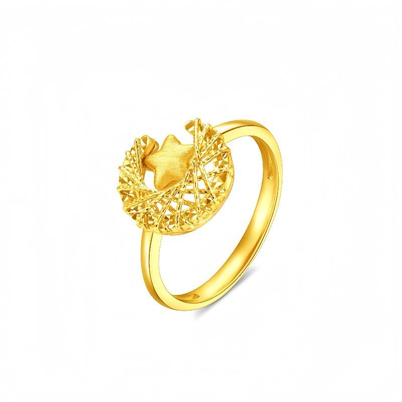 

Golden Filigree Star and Moon Dream Weave Gold-Plated Open Ring - Women s Luxury Sparkling Hollow Moon and Star Design. Adjustable Open