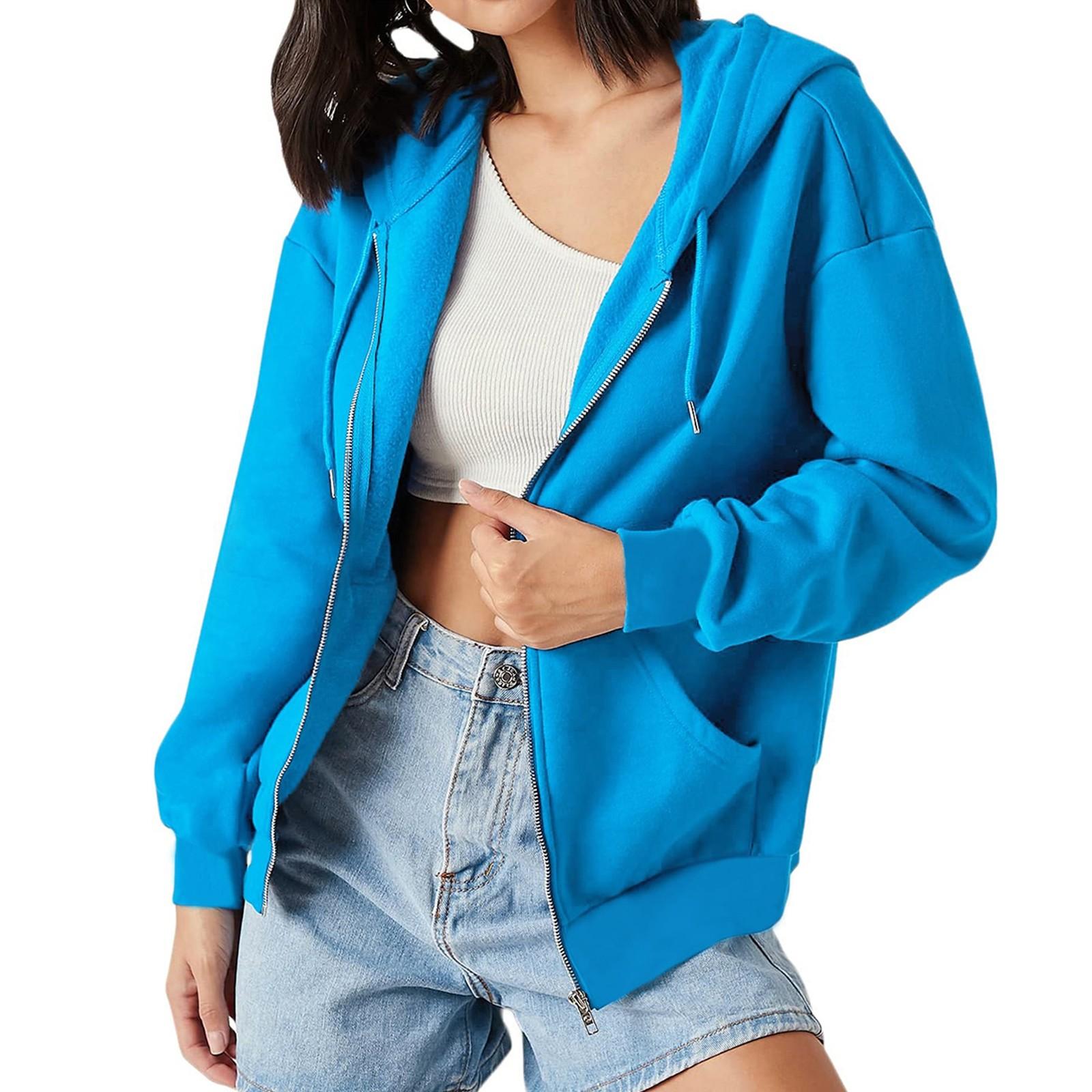 

Толстовка с капюшоном на молнии для женщин с длинным рукавом, свободные толстовки для женщин, куртка с карманами, модная одежда на осень M синий