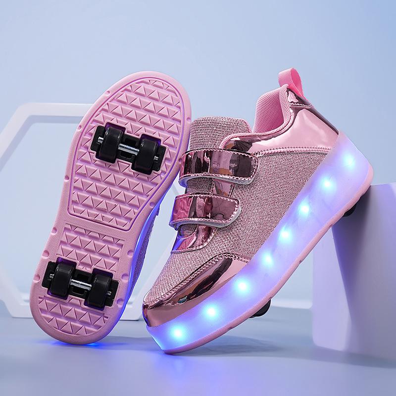 New Runaway Shoes, Girls Four-wheel Pulley Shoes USB Charging Luminous Shoes Skates Invisible Wheels Shoes Double Wheels