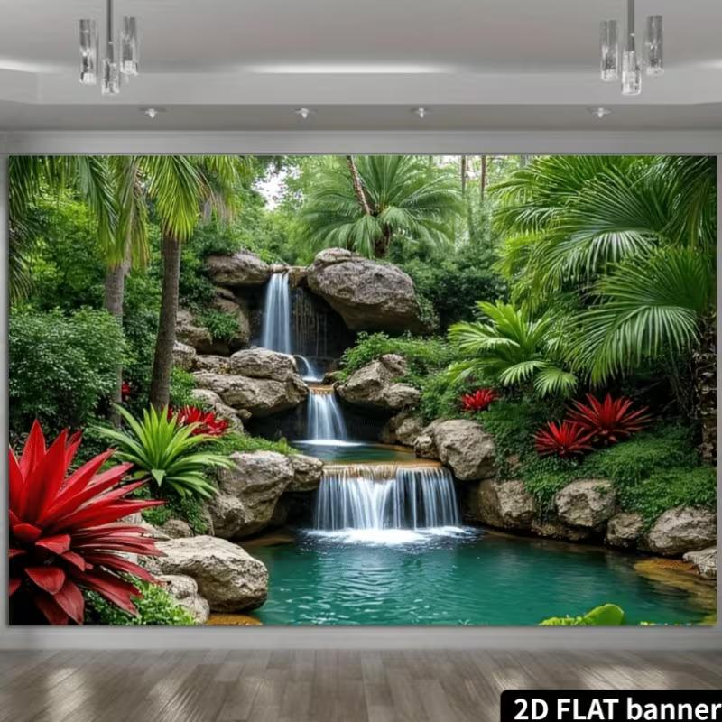 

2D Jungle Waterfall Scenic Tapestry, Tropical Palm Tree Background 47.2x31.5inch/120*80cm