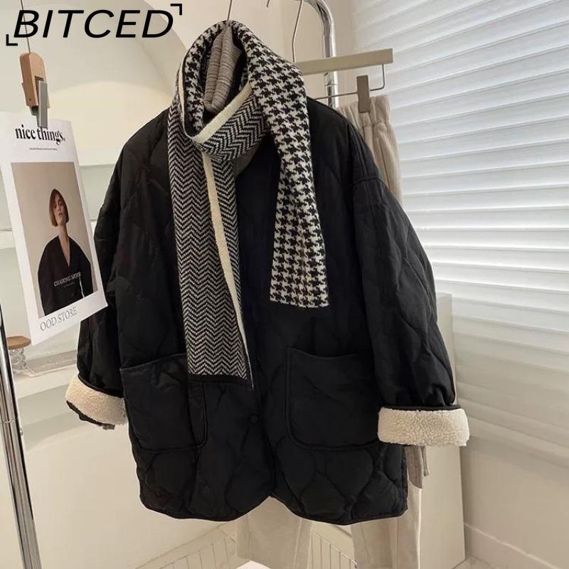 

BITCED Повседневная хлопковая куртка с ромбовидным узором, укороченным воротником без воротника и флисовой подкладкой XXL