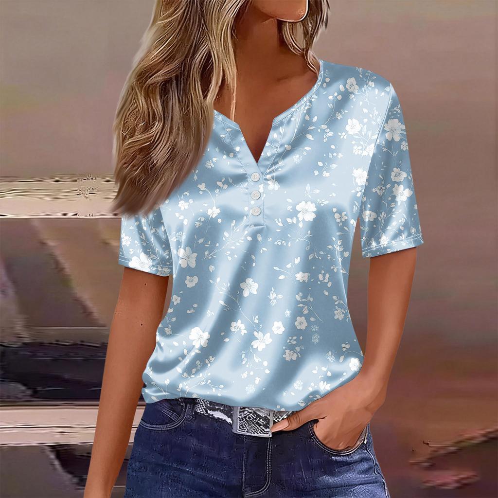 Women's Fashion Casual Retro Print  Collar Short Sleeve Button T-Shirt Top