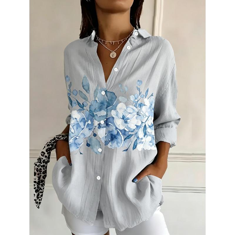 Women's Long Sleeve Watercolor Floral Print Button Down Casual Shirt Elegant Daily Blouse Tops in White for Spring Summer