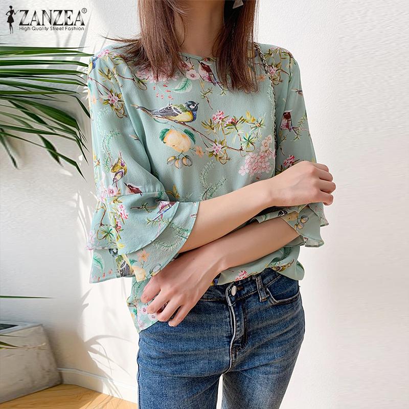 

ZANZEA Женская мода Принт Рубашка Лето Повседневная Вспышка Рукав Блузка Футболка